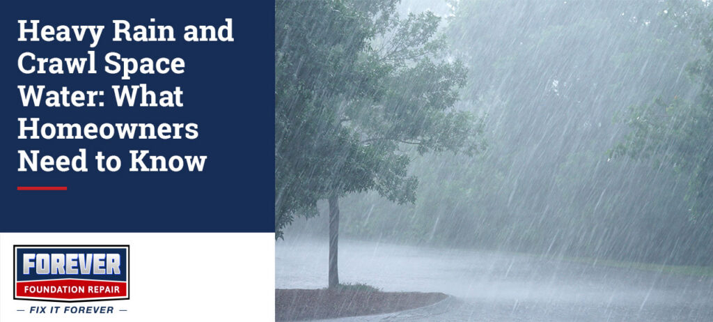 Graphic with the title ‘Heavy Rain and Crawl Space Water: What Homeowners Need to Know’ beside a photo of heavy rain pouring over a street next to a tree.