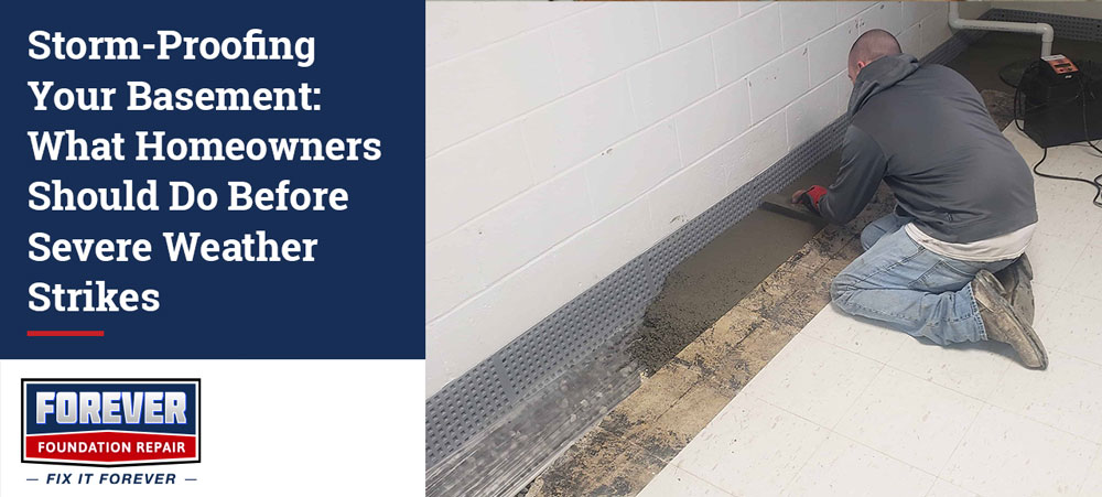 Technician installing an interior basement drainage system along a foundation wall to prevent flooding before severe weather.