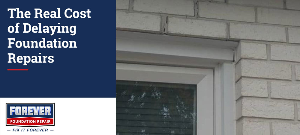 Cracked brick foundation above a window frame showing structural damage caused by delaying foundation repairs.