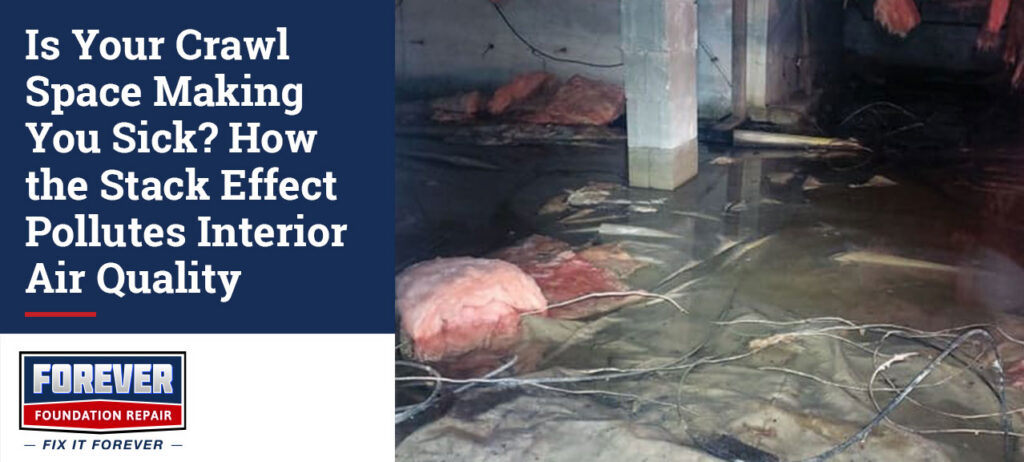 Flooded crawl space with standing water, damaged insulation, and hanging wires next to text asking "Is Your Crawl Space Making You Sick? How the Stack Effect Pollutes Interior Air Quality" with the Forever Foundation Repair logo.