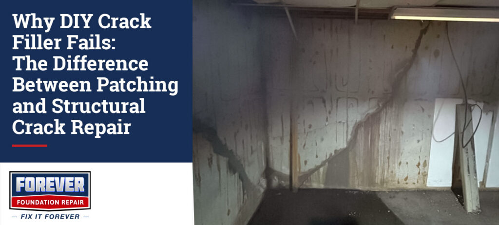 Basement foundation wall with a large diagonal crack and visible water staining, demonstrating structural damage and moisture intrusion that often require professional crack repair rather than surface patching.