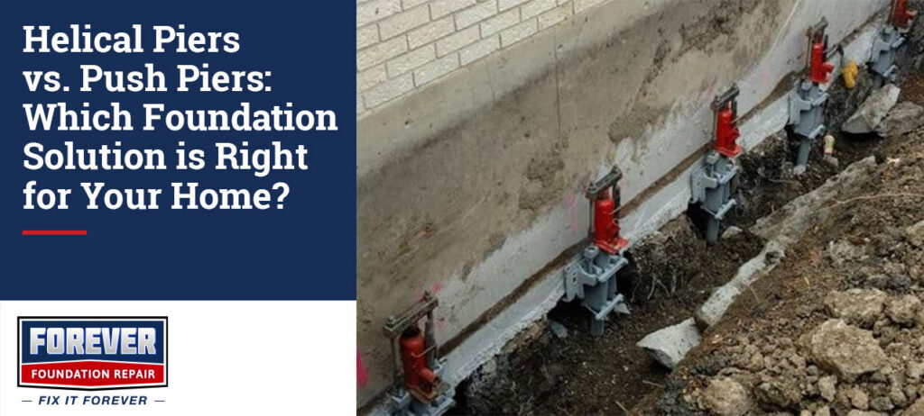 Foundation repair installation showing multiple steel pier brackets and hydraulic lifting equipment attached to a home's concrete foundation wall during underpinning work to stabilize and lift a settling structure.