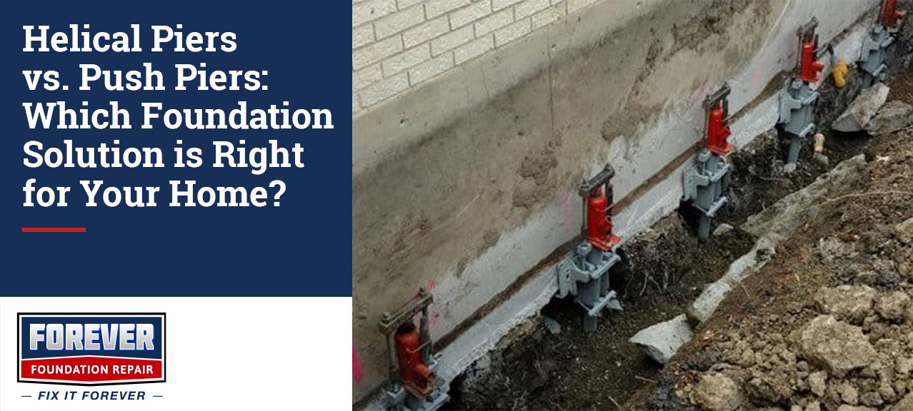 Foundation repair installation showing multiple steel pier brackets and hydraulic lifting equipment attached to a home's concrete foundation wall during underpinning work to stabilize and lift a settling structure.