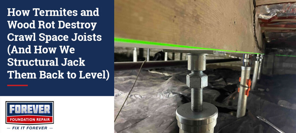 Adjustable steel crawl space jacks installed beneath a floor support beam to stabilize and lift damaged crawl space joists affected by wood rot or termite damage.