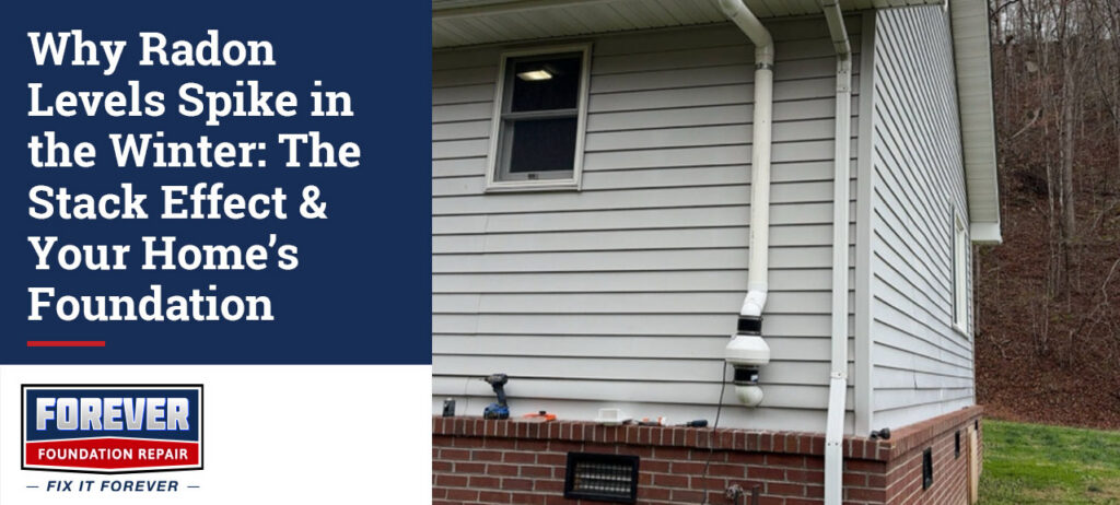 "Why Radon Levels Spike in the Winter: The Stack Effect & Your Home's Foundation" alongside a home exterior with a radon mitigation system installed on the side of the house.