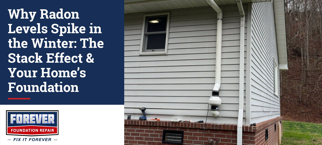 "Why Radon Levels Spike in the Winter: The Stack Effect & Your Home's Foundation" alongside a home exterior with a radon mitigation system installed on the side of the house.